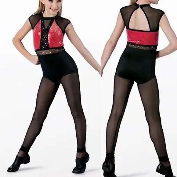 WEISSMAN Dance Costume unitard black red Cold Hearted Snake rhinestone 14693 MA - Picture 1 of 13